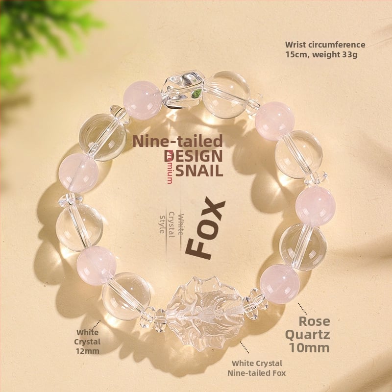 Гривна с мъниста от кристали за жени – ръчно изработена, стил натурален, деветопашат лис; материали: бял кристал, аметист, пренит, розов кварц, аквамарин