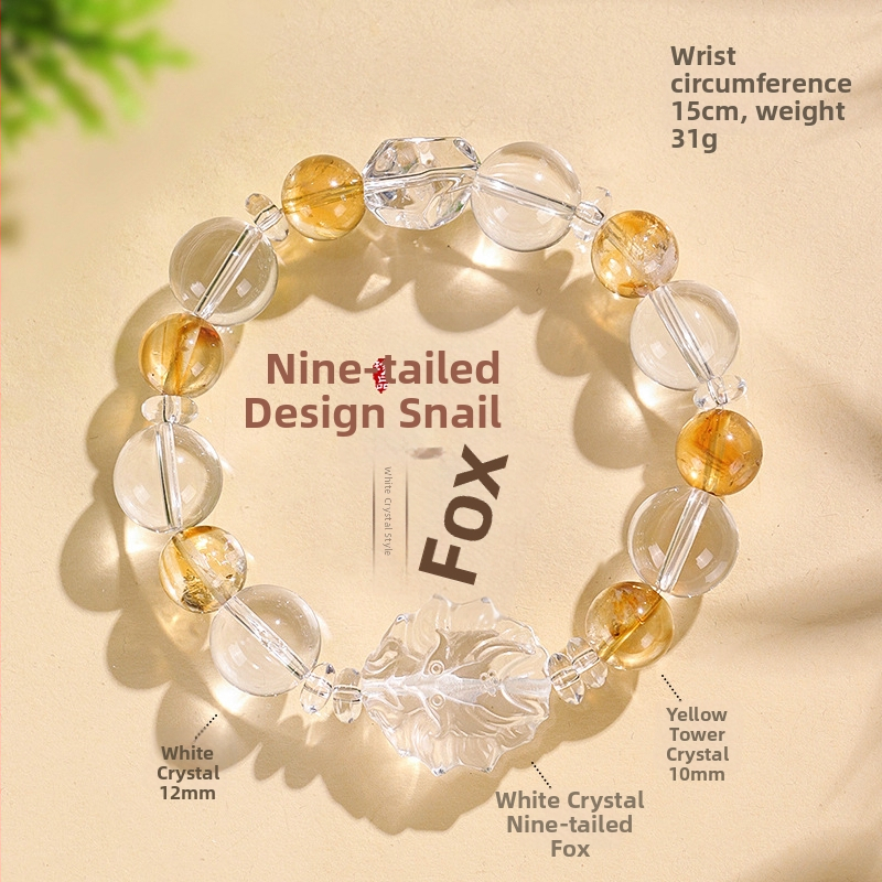 Гривна с мъниста от кристали за жени – ръчно изработена, стил натурален, деветопашат лис; материали: бял кристал, аметист, пренит, розов кварц, аквамарин