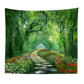 Гоблен за стена с пейзажен мотив: северен елен, гора и цветя — 100% полиестер, машинно тъкане, правоъгълна форма, пейзажен дизайн