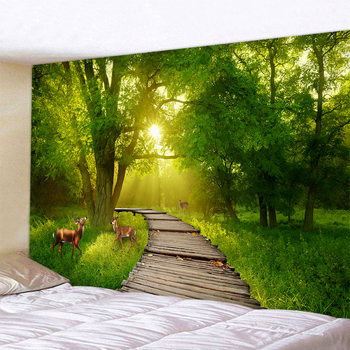 Гоблен за стена с пейзажен мотив: северен елен, гора и цветя — 100% полиестер, машинно тъкане, правоъгълна форма, пейзажен дизайн