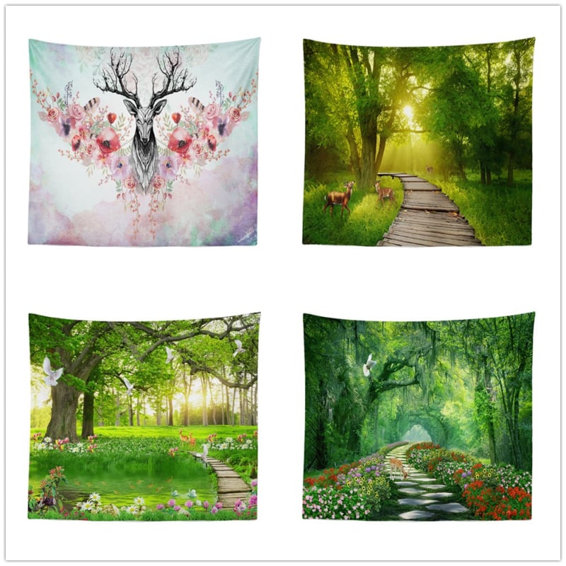 Гоблен за стена с пейзажен мотив: северен елен, гора и цветя — 100% полиестер, машинно тъкане, правоъгълна форма, пейзажен дизайн