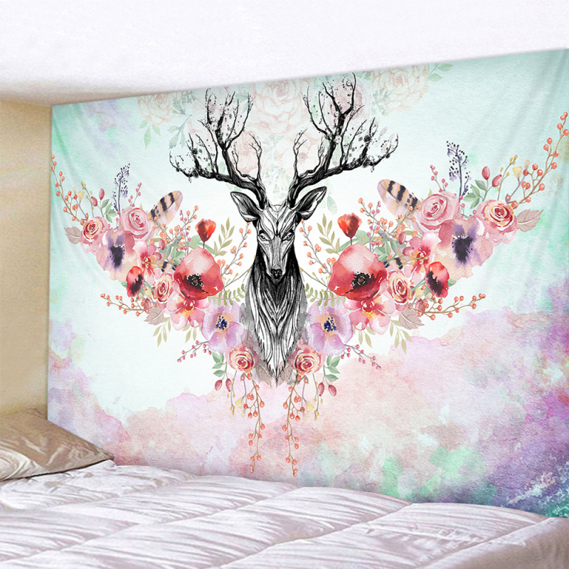 Гоблен за стена с пейзажен мотив: северен елен, гора и цветя — 100% полиестер, машинно тъкане, правоъгълна форма, пейзажен дизайн