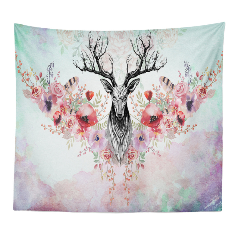 Гоблен за стена с пейзажен мотив: северен елен, гора и цветя — 100% полиестер, машинно тъкане, правоъгълна форма, пейзажен дизайн