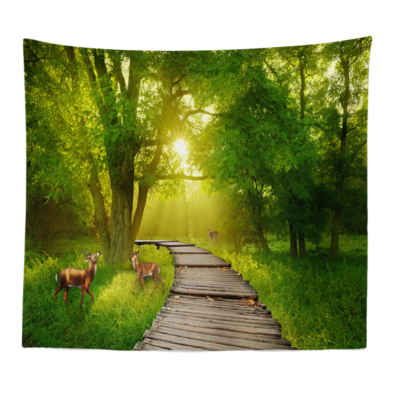 Гоблен за стена с пейзажен мотив: северен елен, гора и цветя — 100% полиестер, машинно тъкане, правоъгълна форма, пейзажен дизайн