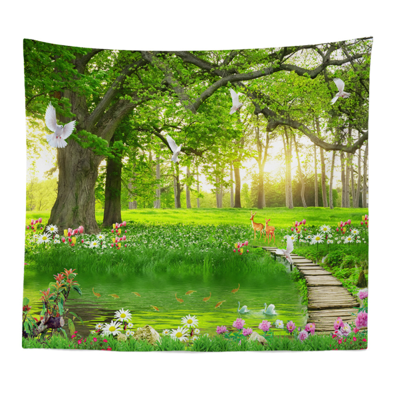 Гоблен за стена с пейзажен мотив: северен елен, гора и цветя — 100% полиестер, машинно тъкане, правоъгълна форма, пейзажен дизайн