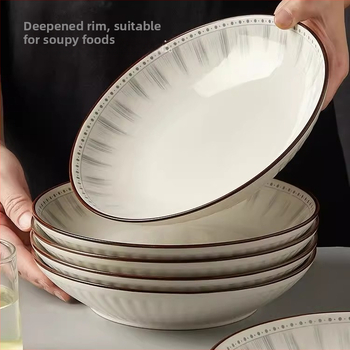 Κεραμικό σετ καθημερινής χρήσης, κυκλικά πιάτα με ρίγες, κατάλληλο για φούρνο μικροκυμάτων