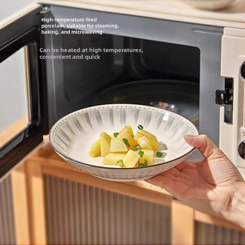 Κεραμικό σετ καθημερινής χρήσης, κυκλικά πιάτα με ρίγες, κατάλληλο για φούρνο μικροκυμάτων