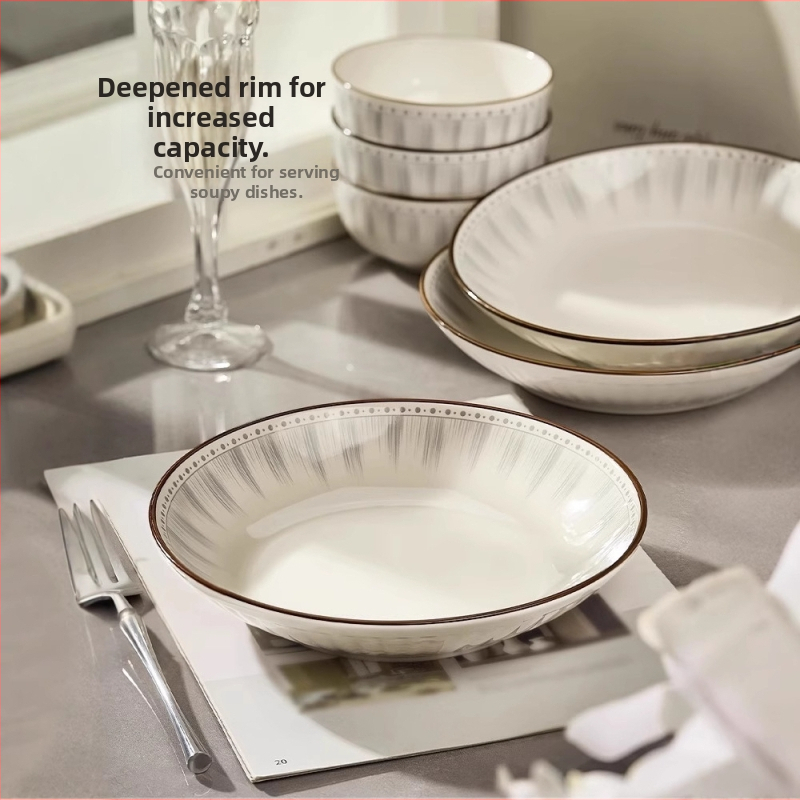 Κεραμικό σετ καθημερινής χρήσης, κυκλικά πιάτα με ρίγες, κατάλληλο για φούρνο μικροκυμάτων