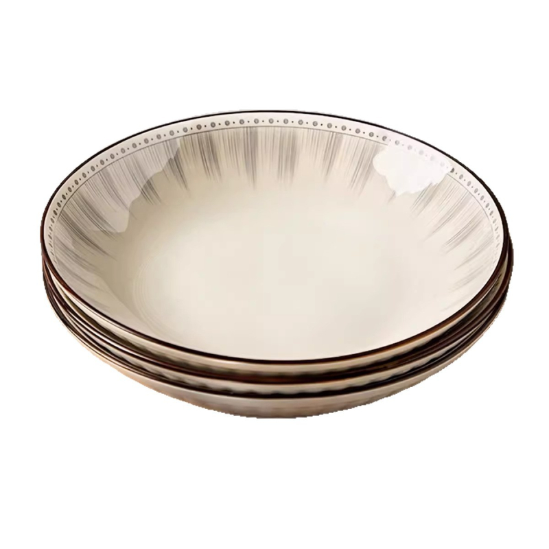 Κεραμικό σετ καθημερινής χρήσης, κυκλικά πιάτα με ρίγες, κατάλληλο για φούρνο μικροκυμάτων