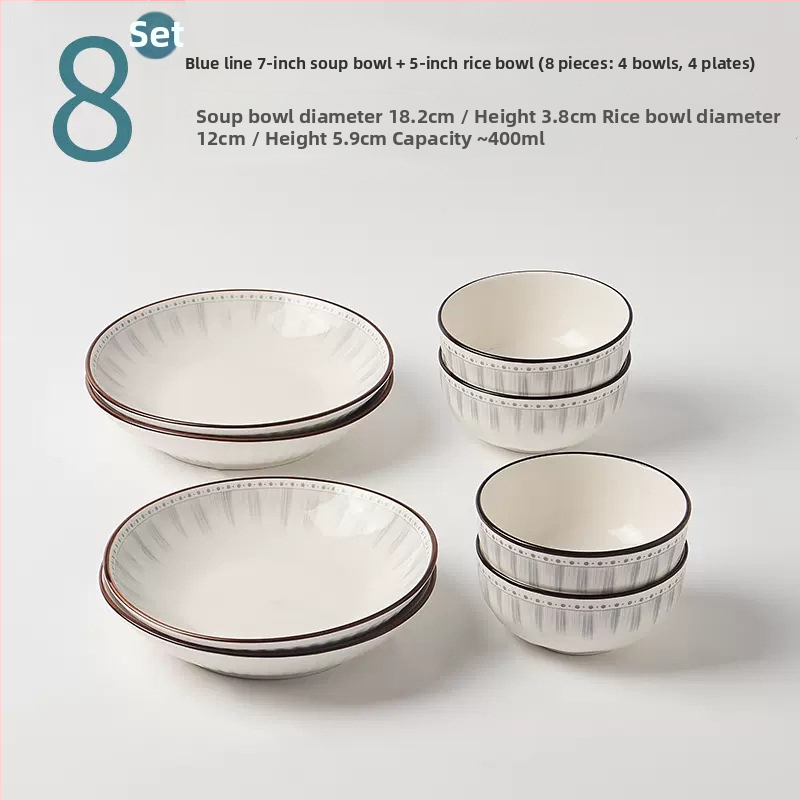 Κεραμικό σετ καθημερινής χρήσης, κυκλικά πιάτα με ρίγες, κατάλληλο για φούρνο μικροκυμάτων