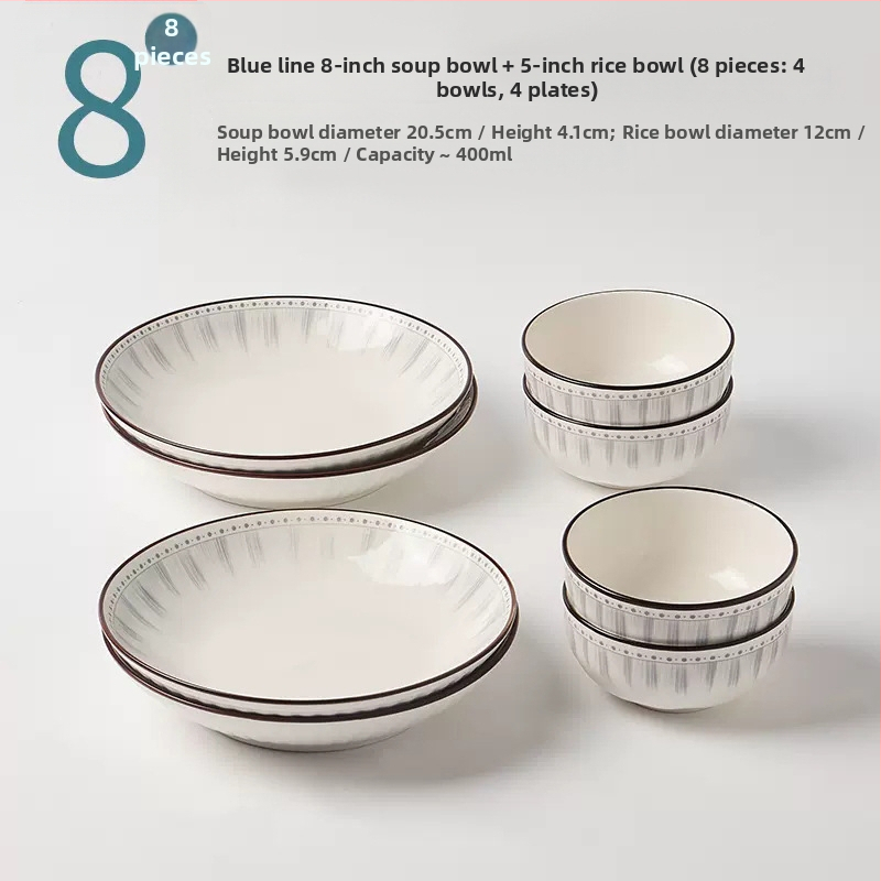 Κεραμικό σετ καθημερινής χρήσης, κυκλικά πιάτα με ρίγες, κατάλληλο για φούρνο μικροκυμάτων