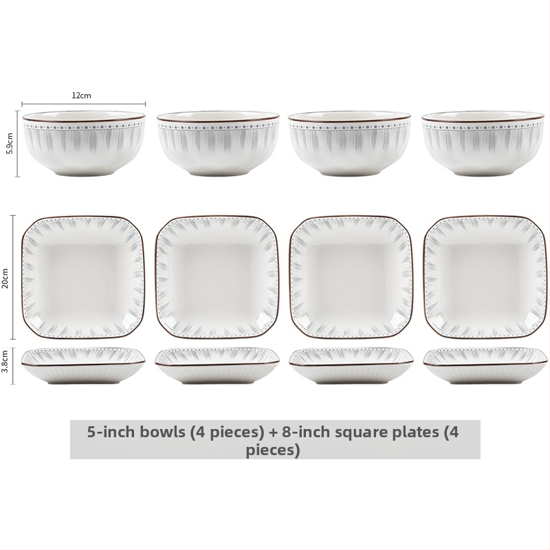 Κεραμικό σετ καθημερινής χρήσης, κυκλικά πιάτα με ρίγες, κατάλληλο για φούρνο μικροκυμάτων