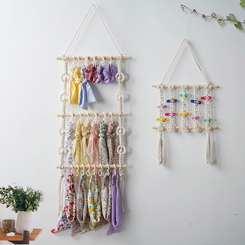 Бохемски плетен държач за съхранение на детски аксесоари за коса, ръчно тъкана тъкан, правоъгълен, подходящ за баня, балкон и детска стая