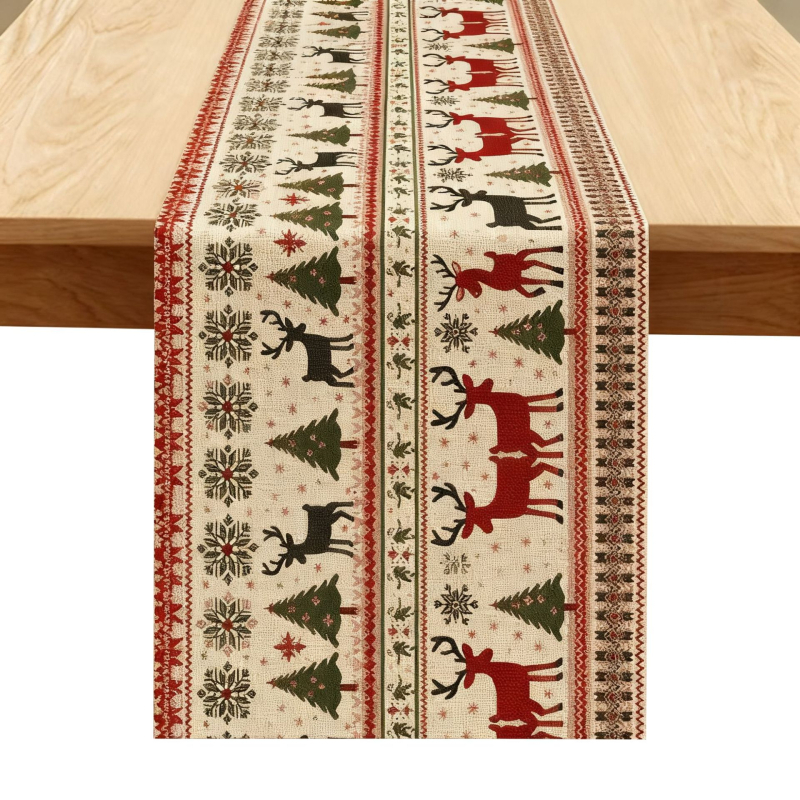Λινή τραπεζοκαλυπτή με χριστουγεννιάτικο μοτίβο ελαφιού και Αγίου Βασίλη, 99% λινό, προσαρμοστικό, για σαλόνι