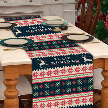 Λινός διάδρομος τραπεζιού με Χριστουγεννιάτικο Καρτούν Σχέδιο, 90% Λινο Περιεκτικότητα, Καρτουνίστικο Στυλ, Κατάλληλος για σαλόνι, υπνοδωμάτιο, μελέτη, εστιατόρια