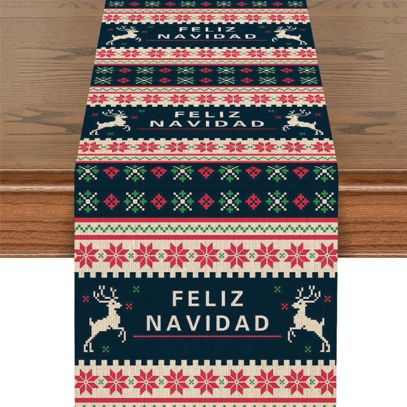 Λινός διάδρομος τραπεζιού με Χριστουγεννιάτικο Καρτούν Σχέδιο, 90% Λινο Περιεκτικότητα, Καρτουνίστικο Στυλ, Κατάλληλος για σαλόνι, υπνοδωμάτιο, μελέτη, εστιατόρια