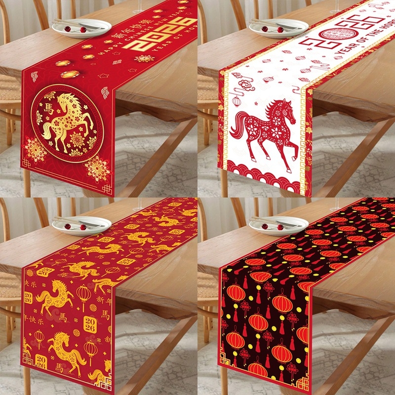 Σκανδιναβικού στυλ εορταστικός σημαία τραπεζιού από πολυεστέρα για την Κινέζικη Πρωτοχρονιά 2026 – Έτος του Αλόγου