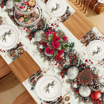 Διάδρομος τραπεζιού με χριστουγεννιάτικη εκτύπωση, πολυεστέρας 99% στην κύρια ύφανση και 1% υπο-συνιστάμενο, δυνατή παραμετροποίηση, κατάλληλος για εξωτερικούς χώρους, εστιατόρια και εμπορικούς χώρους