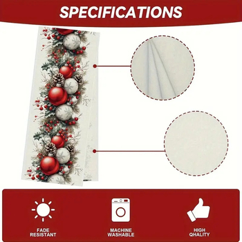 Διάδρομος τραπεζιού με χριστουγεννιάτικη εκτύπωση, πολυεστέρας 99% στην κύρια ύφανση και 1% υπο-συνιστάμενο, δυνατή παραμετροποίηση, κατάλληλος για εξωτερικούς χώρους, εστιατόρια και εμπορικούς χώρους