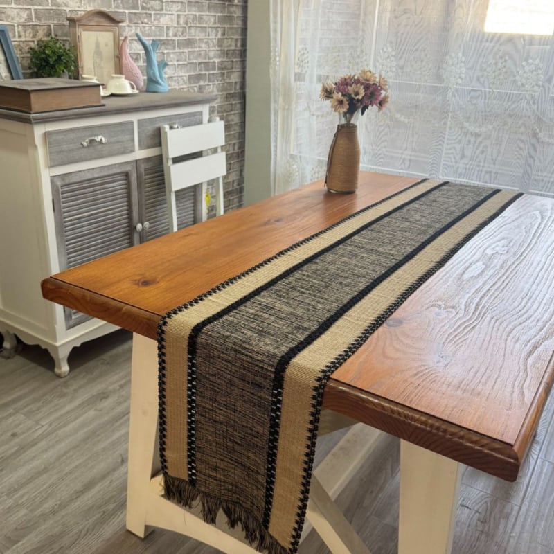 Σημαιάκι τραπεζιού – βαμβακο-λινό ύφασμα, 70% βαμβάκι / 30% λινό, υφαντά φουντάκια, βορειοευρωπαϊκό στυλ, ριγέ μοτίβο, κατάλληλο για σαλόνι, εστιατόριο ή μπαλκόνι