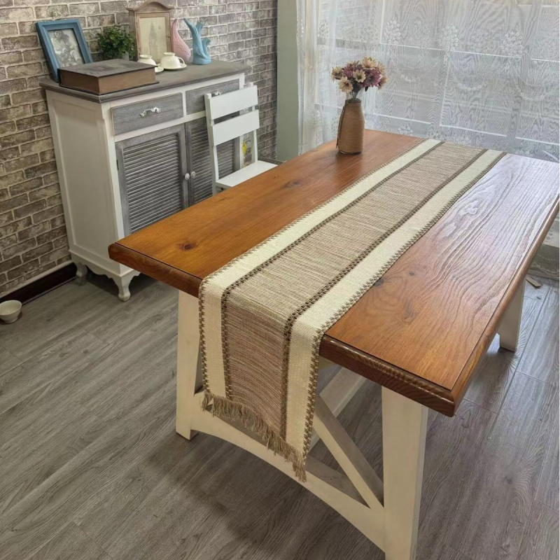 Σημαιάκι τραπεζιού – βαμβακο-λινό ύφασμα, 70% βαμβάκι / 30% λινό, υφαντά φουντάκια, βορειοευρωπαϊκό στυλ, ριγέ μοτίβο, κατάλληλο για σαλόνι, εστιατόριο ή μπαλκόνι