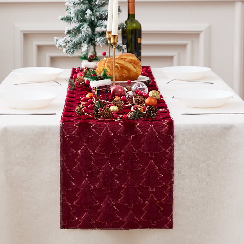 Χριστουγεννιάτικο τραπεζοσήμαντο με κέντημα παγιέτες και 3D διακόσμηση δέντρου, βελούδινο ύφασμα, βάση πολυεστέρα, μοντέρνο μινιμαλιστικό στυλ, προσαρμοσιμότητα - Si xuan, για εστιατόριο