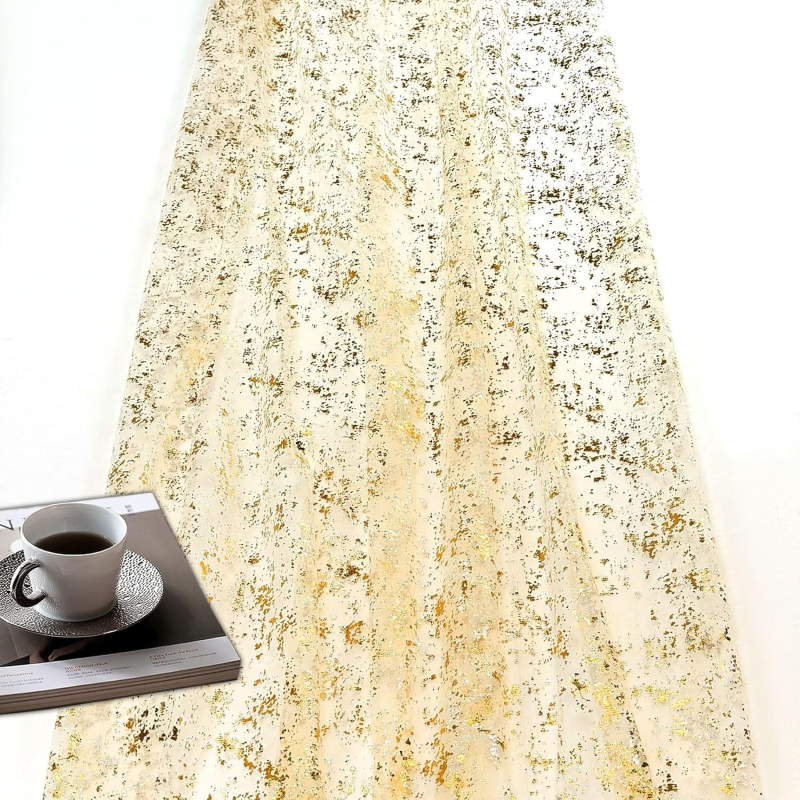 Διάδρομος τραπεζιού από πολυεστέρα — διαφανές δίχτυ με γκλίτερ χρυσού φολιού, μοντέρνος μινιμαλισμός, μονοχρωμία, προσαρμοστικότητα