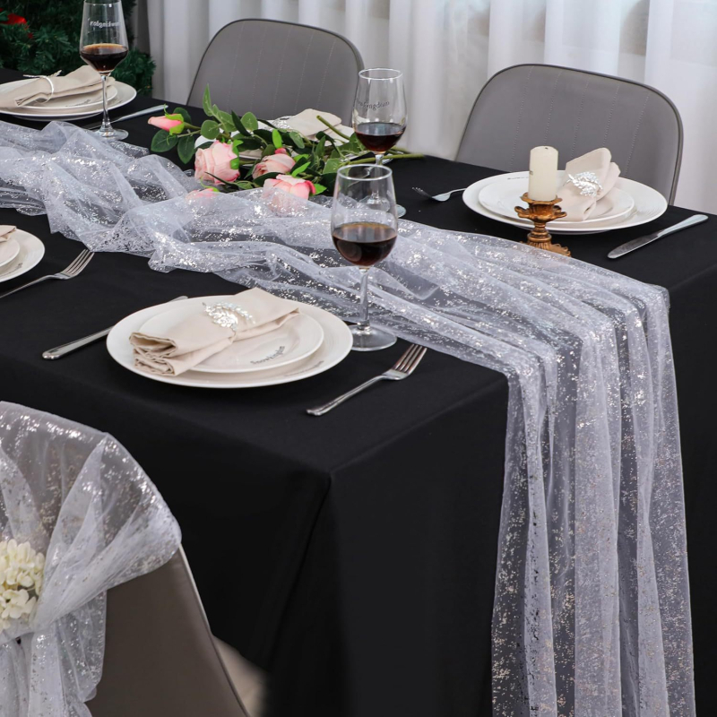 Διάδρομος τραπεζιού από πολυεστέρα — διαφανές δίχτυ με γκλίτερ χρυσού φολιού, μοντέρνος μινιμαλισμός, μονοχρωμία, προσαρμοστικότητα