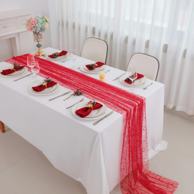 Διάδρομος τραπεζιού από πολυεστέρα — διαφανές δίχτυ με γκλίτερ χρυσού φολιού, μοντέρνος μινιμαλισμός, μονοχρωμία, προσαρμοστικότητα