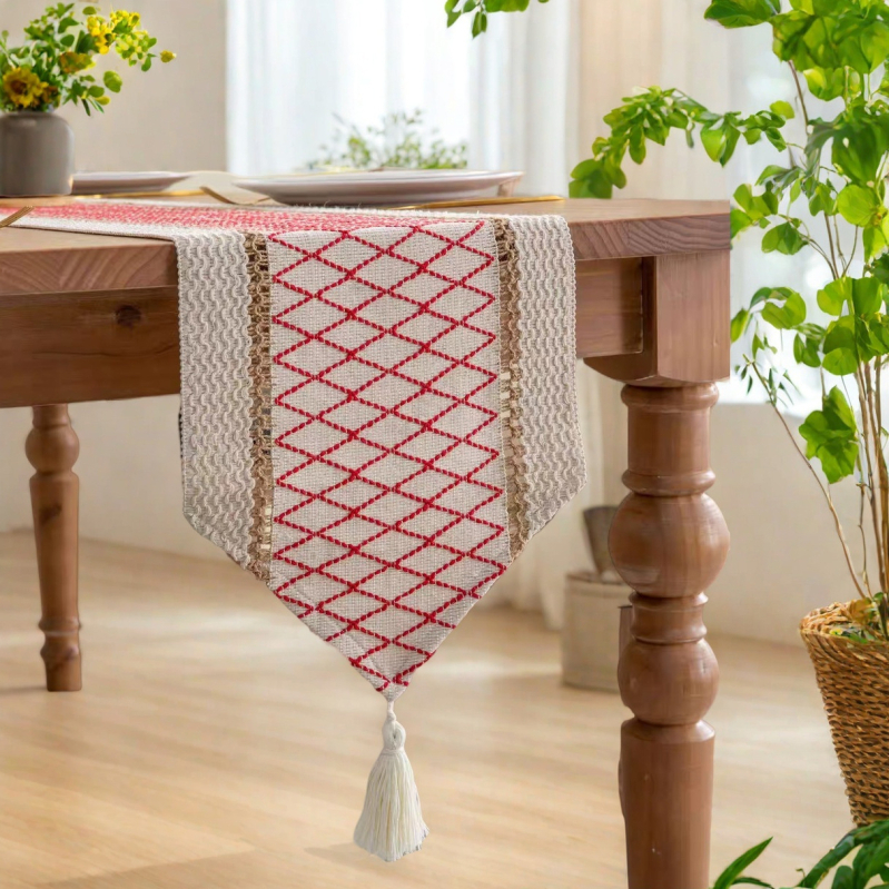 Επιτραπέζια σημαία από βαμβάκι-λινό, πλέγμα με διχρωμία, μποέμ φούντες, αμερικανικού στυλ, JK-023