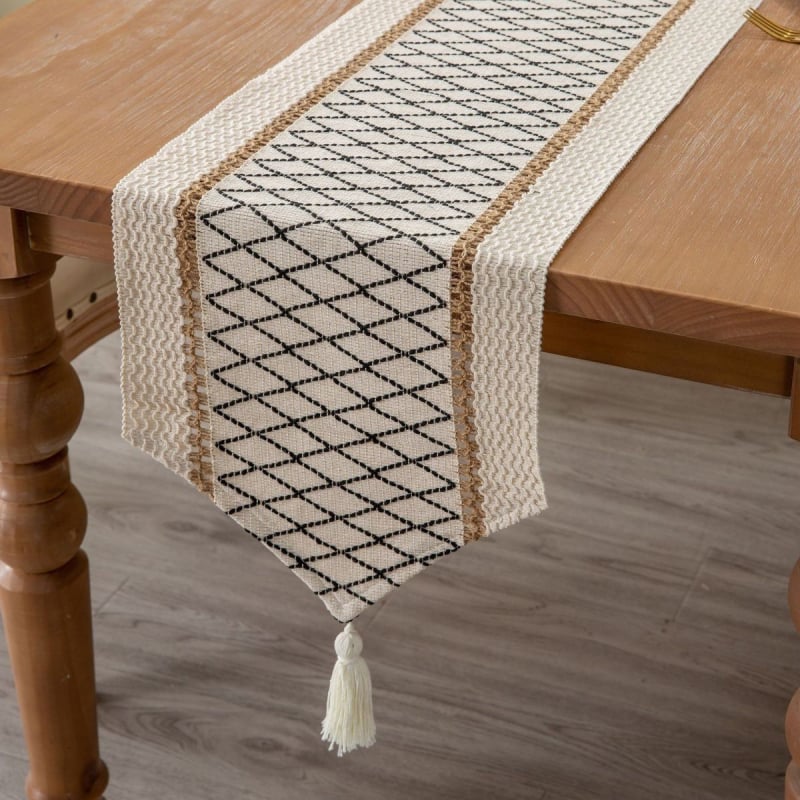 Επιτραπέζια σημαία από βαμβάκι-λινό, πλέγμα με διχρωμία, μποέμ φούντες, αμερικανικού στυλ, JK-023