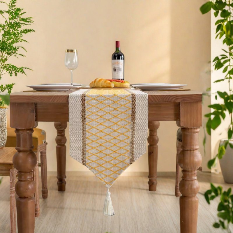 Επιτραπέζια σημαία από βαμβάκι-λινό, πλέγμα με διχρωμία, μποέμ φούντες, αμερικανικού στυλ, JK-023