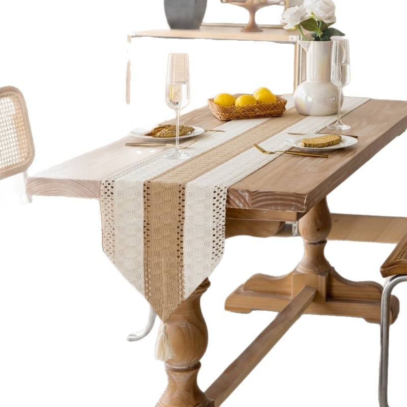 Επιτραπέζια σημαία από βαμβάκι-λινό, πλέγμα με διχρωμία, μποέμ φούντες, αμερικανικού στυλ, JK-023