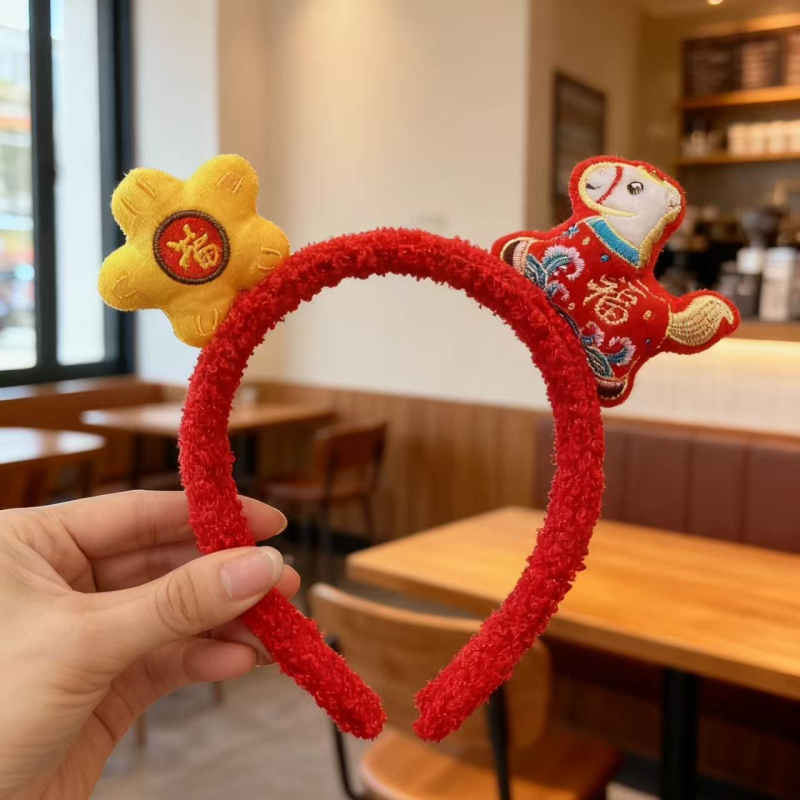 Лента за глава Зодия Кон - плюшена, ръчна изработка, карикатурен стил, унисекс, зима 2025