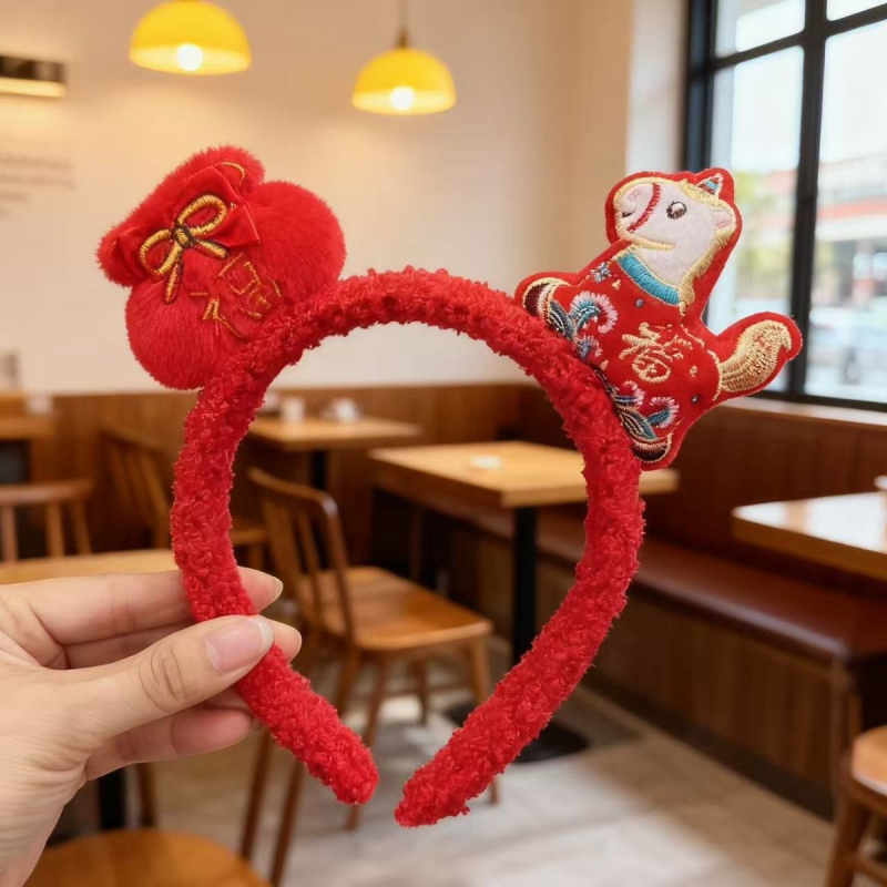 Лента за глава Зодия Кон - плюшена, ръчна изработка, карикатурен стил, унисекс, зима 2025