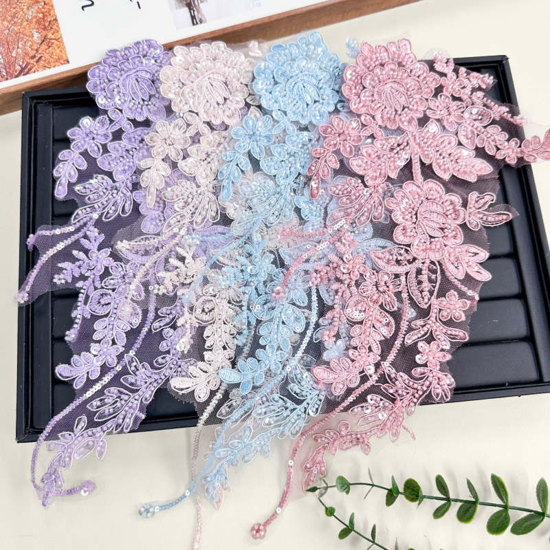 Полиестерна дантелена тъкан със Sequins бродерия и мъниста във формата на сливово цвете за сватбена рокля и cheongsam