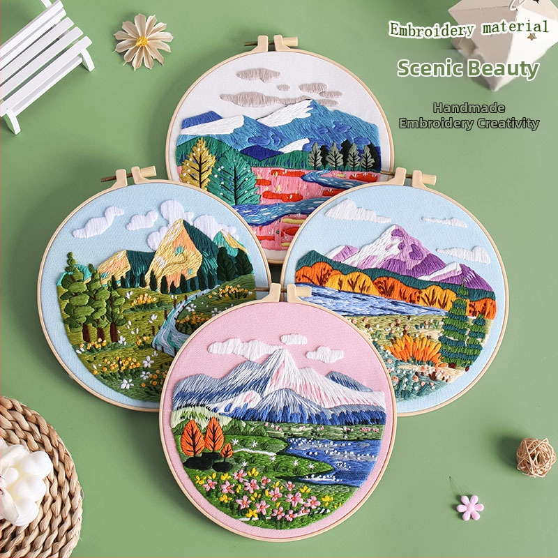 Комплект за бродиране на пейзаж върху памучна тъкан – кръстат бод, модерен минималистичен стил, текстилна бродерия