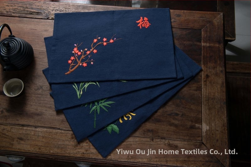 Комплект за бродерия за начинаещи – памучен материал, чайна подложка и подложка за чиния, стил Нов Китай, серия китайски мотиви