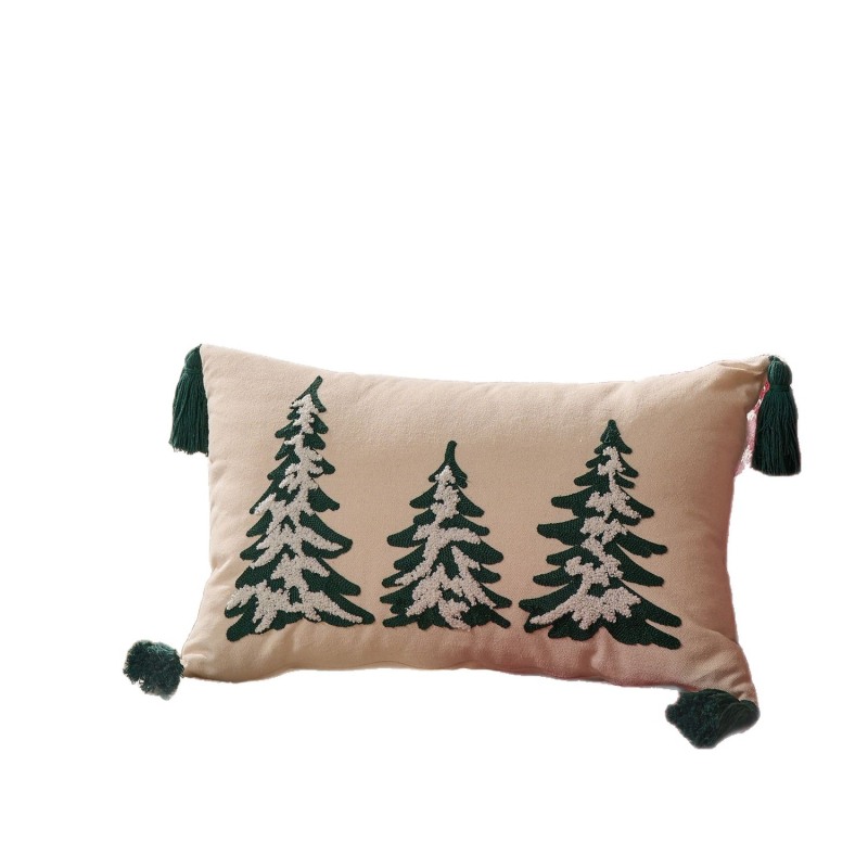 Navlaka za jastuk Božićna — šivani motiv božićnog drveta, dnevni boravak dekor, pamuk i lan, moderan minimalistički stil