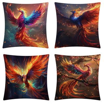 Jastučnica 45x45 cm, laneno platno, kineski stil Phoenix Nirvana Rebirth, za dnevni boravak i ured