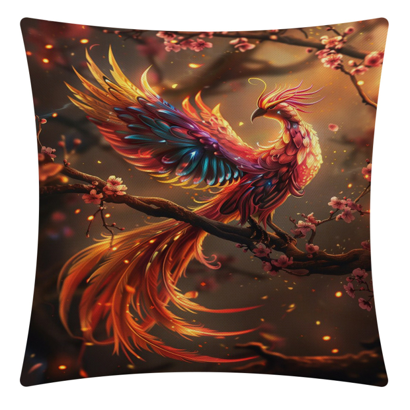 Jastučnica 45x45 cm, laneno platno, kineski stil Phoenix Nirvana Rebirth, za dnevni boravak i ured