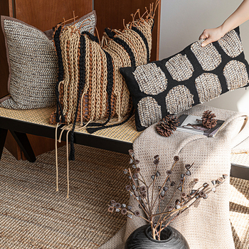 Μαξιλάρι με κάλυμμα πολυεστέρα, χειροποίητο πλέξιμο με σχοινί, μονόχρωμο σχέδιο, στυλ Βάμπι-σαμπι, γέμισμα από φτερά