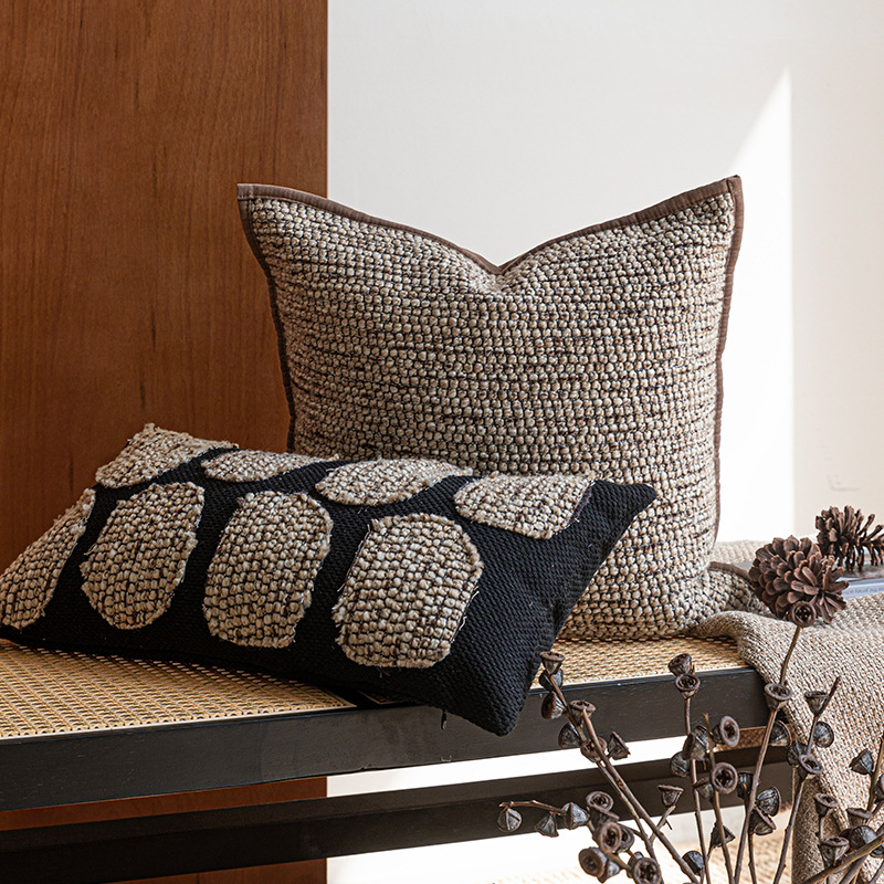 Μαξιλάρι με κάλυμμα πολυεστέρα, χειροποίητο πλέξιμο με σχοινί, μονόχρωμο σχέδιο, στυλ Βάμπι-σαμπι, γέμισμα από φτερά