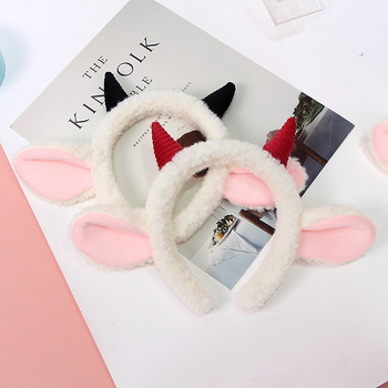 QCHENG auduma galvas lente ar jēra ragiem un pūkainām ausīm, karikatūru stilā, roku darbs