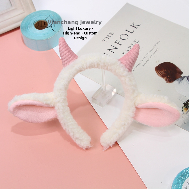 QCHENG auduma galvas lente ar jēra ragiem un pūkainām ausīm, karikatūru stilā, roku darbs