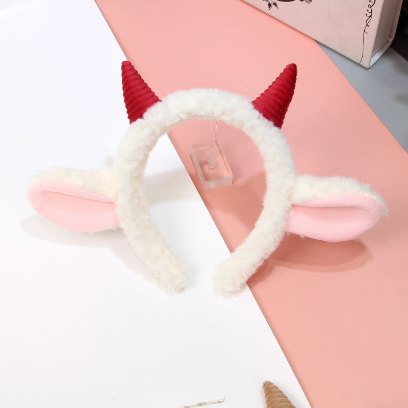 QCHENG auduma galvas lente ar jēra ragiem un pūkainām ausīm, karikatūru stilā, roku darbs