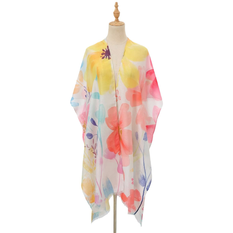 Сатенен слънцезащитен шал за жени, флорален принт, твил тъкане, ръчно нарисуван дизайн