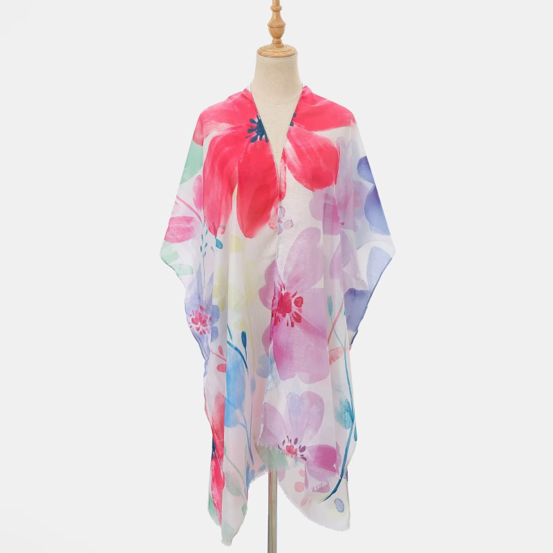 Сатенен слънцезащитен шал за жени, флорален принт, твил тъкане, ръчно нарисуван дизайн