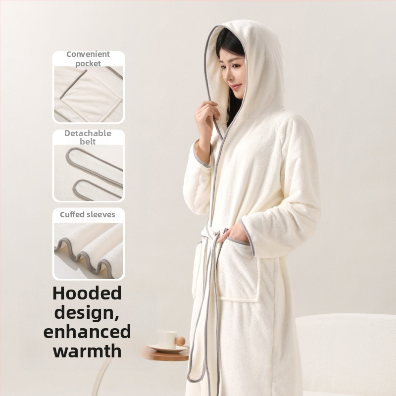 Halat de baie cu glugă, stil wrap, din coral fleece, 100% poliester, pentru iarnă, unisex