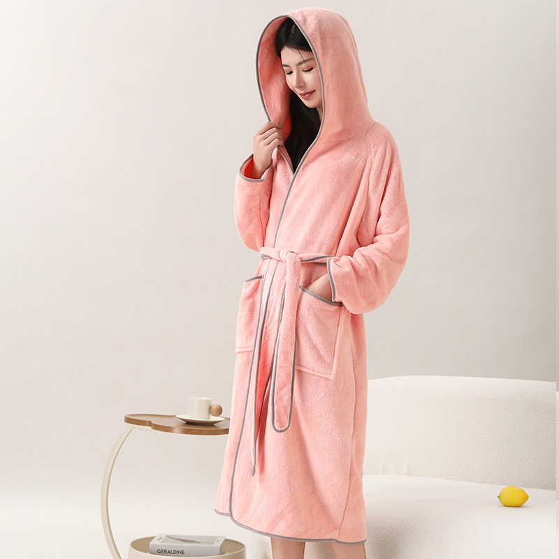 Halat de baie cu glugă, stil wrap, din coral fleece, 100% poliester, pentru iarnă, unisex